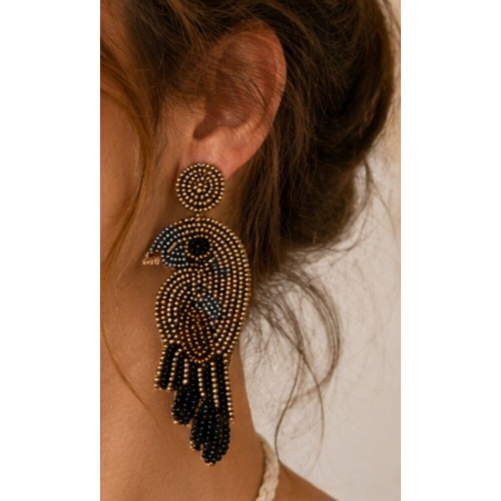 Kay Lee Gold Bird Beaded Earrings New - Picture 2 of 3